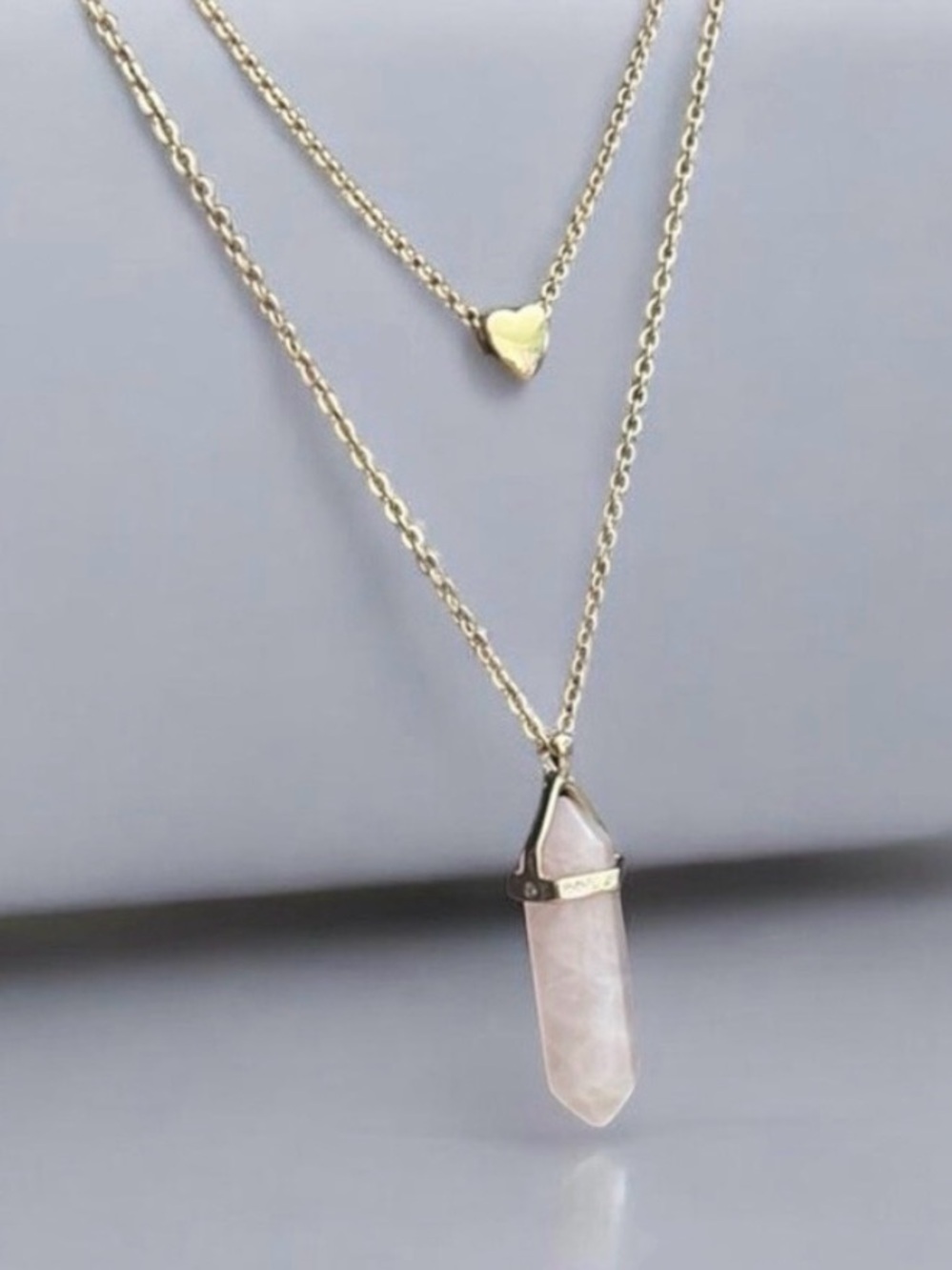 Vintage Avon Rose Quartz Layered Necklace Gold Tone Heart Crystal Point NIB